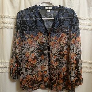 Women’s Hannah Petite XL Sheer Black and Orange Floral Blouse